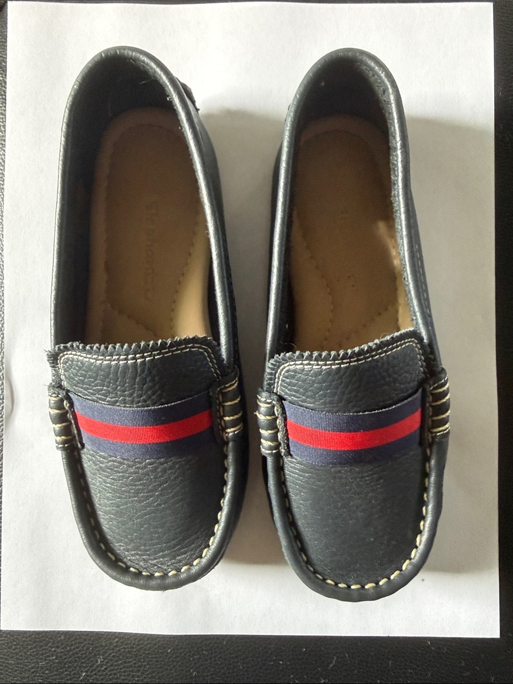 Elephantito navy driver Leather Loafers with Red & Navy Stripe